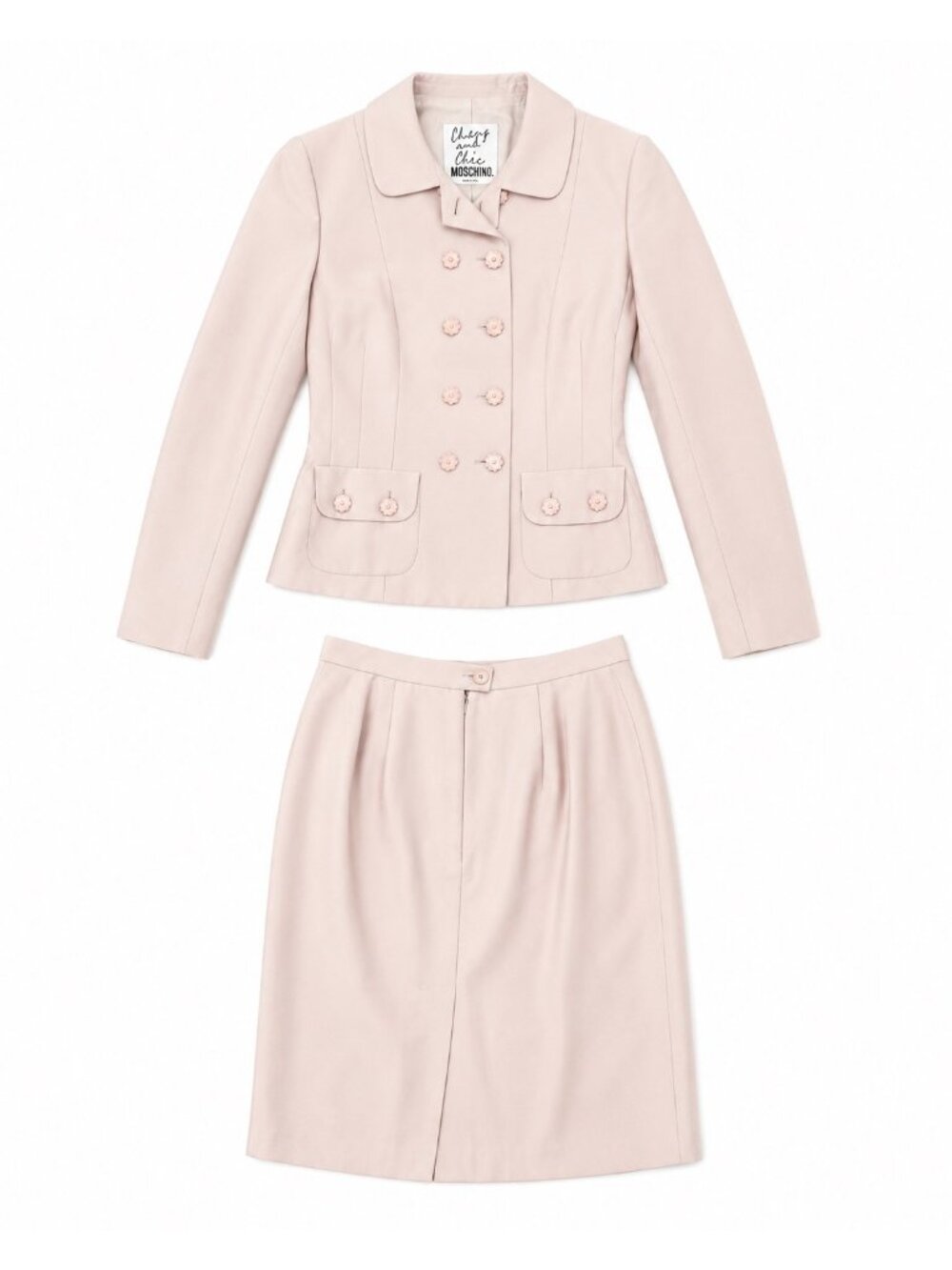 Moschino Blush Pink Blazer & Skirt Set With Floral Buttons Size 8